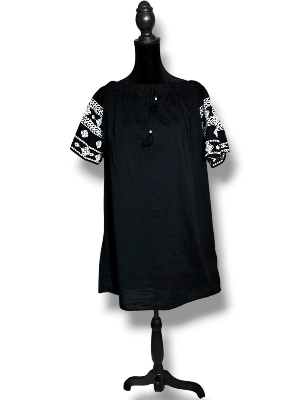 Old Navy Black Off-Shoulder Mini Summer Dress with White Embroidered Sleeves